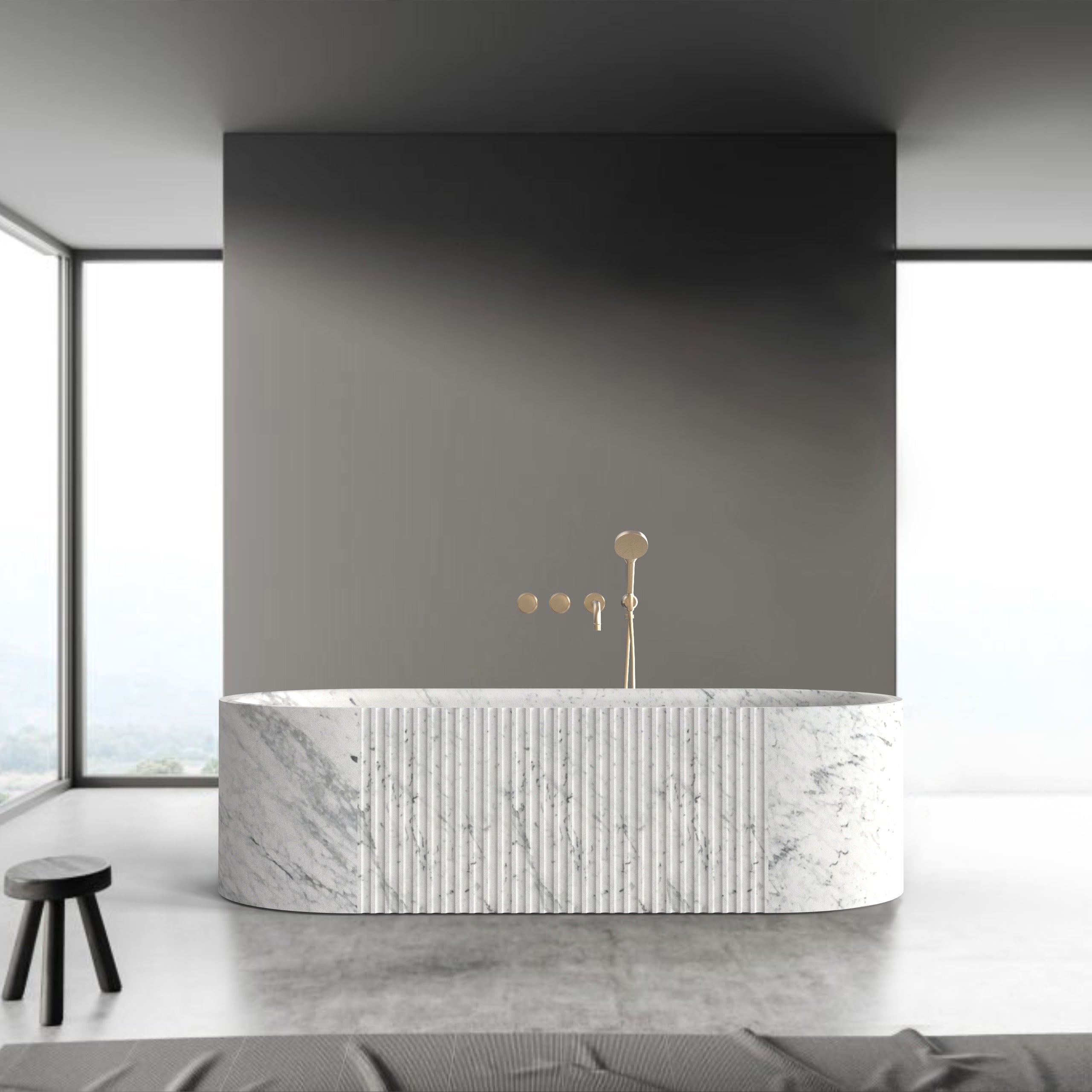 Free‑standing Carrara marble bathtub with fluted finish