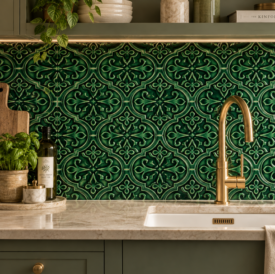A kitchen backsplash featuring glossy green ceramic tiles with an intricate repeating damask pattern, paired with a brushed gold faucet and a white undermount sink.