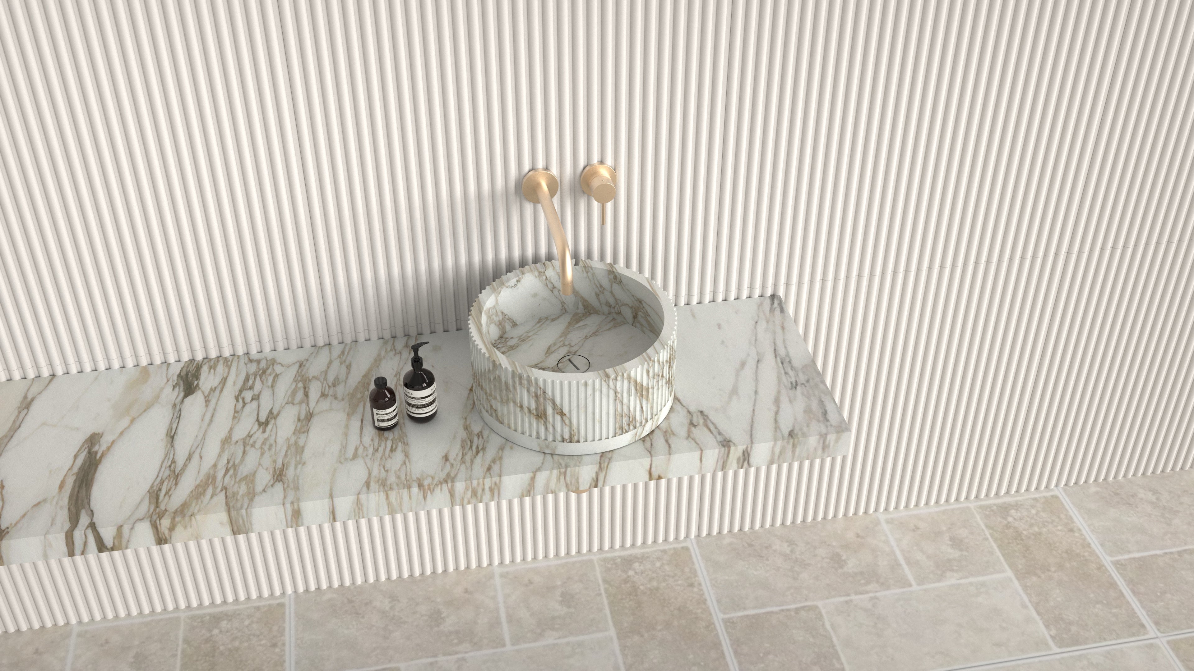 Calacatta Gold Marble Basin | Fluted Finish | Handcrafted Stone Bathroom Sink