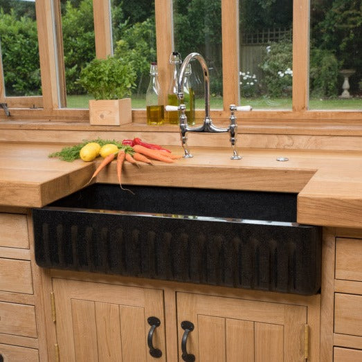 Double‑Sized Black Granite Butler Sink with Fluted Front | Hand‑Carved Solid Stone