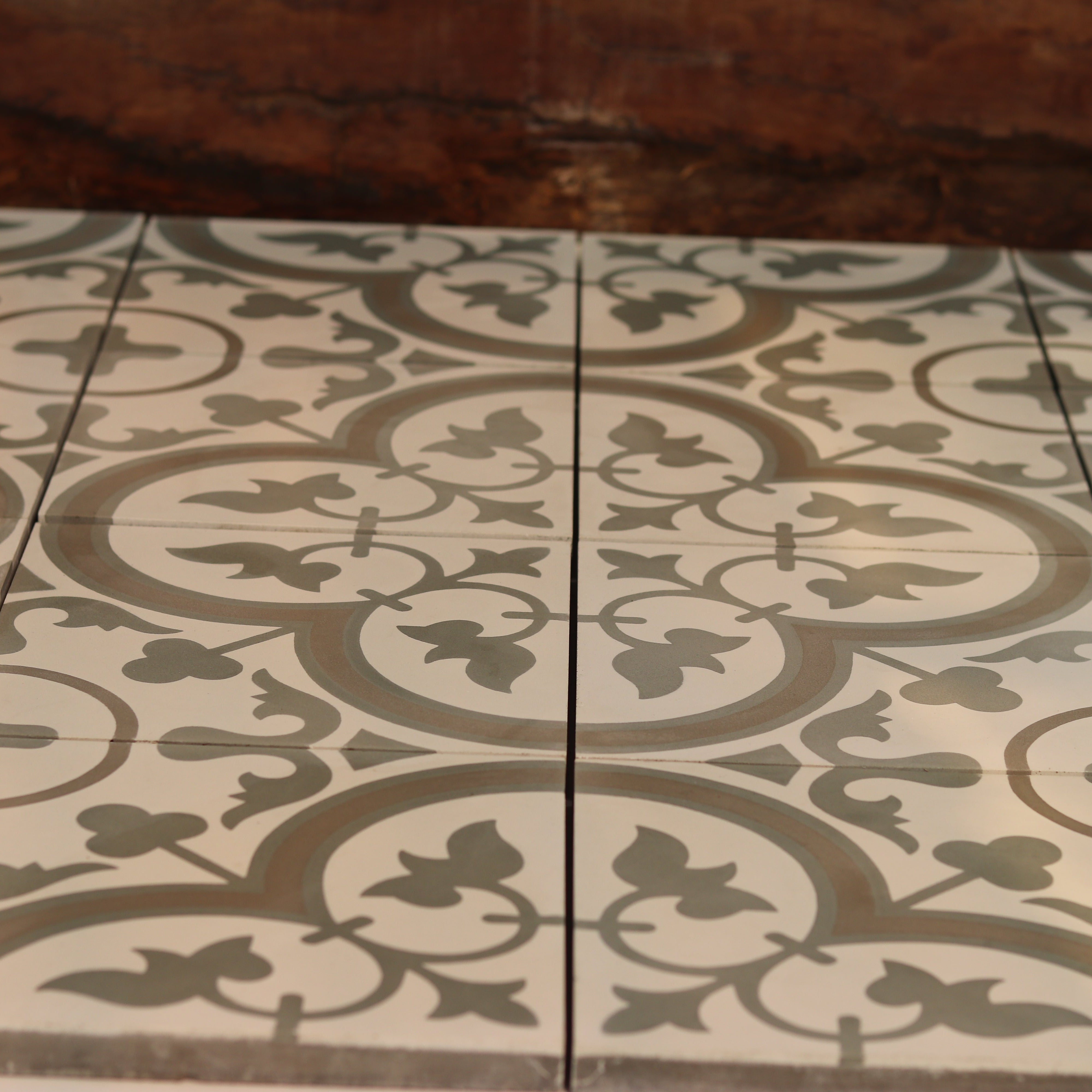 Handmade Encaustic Cement Tile | Light Grey & White Floral, 20×20cm