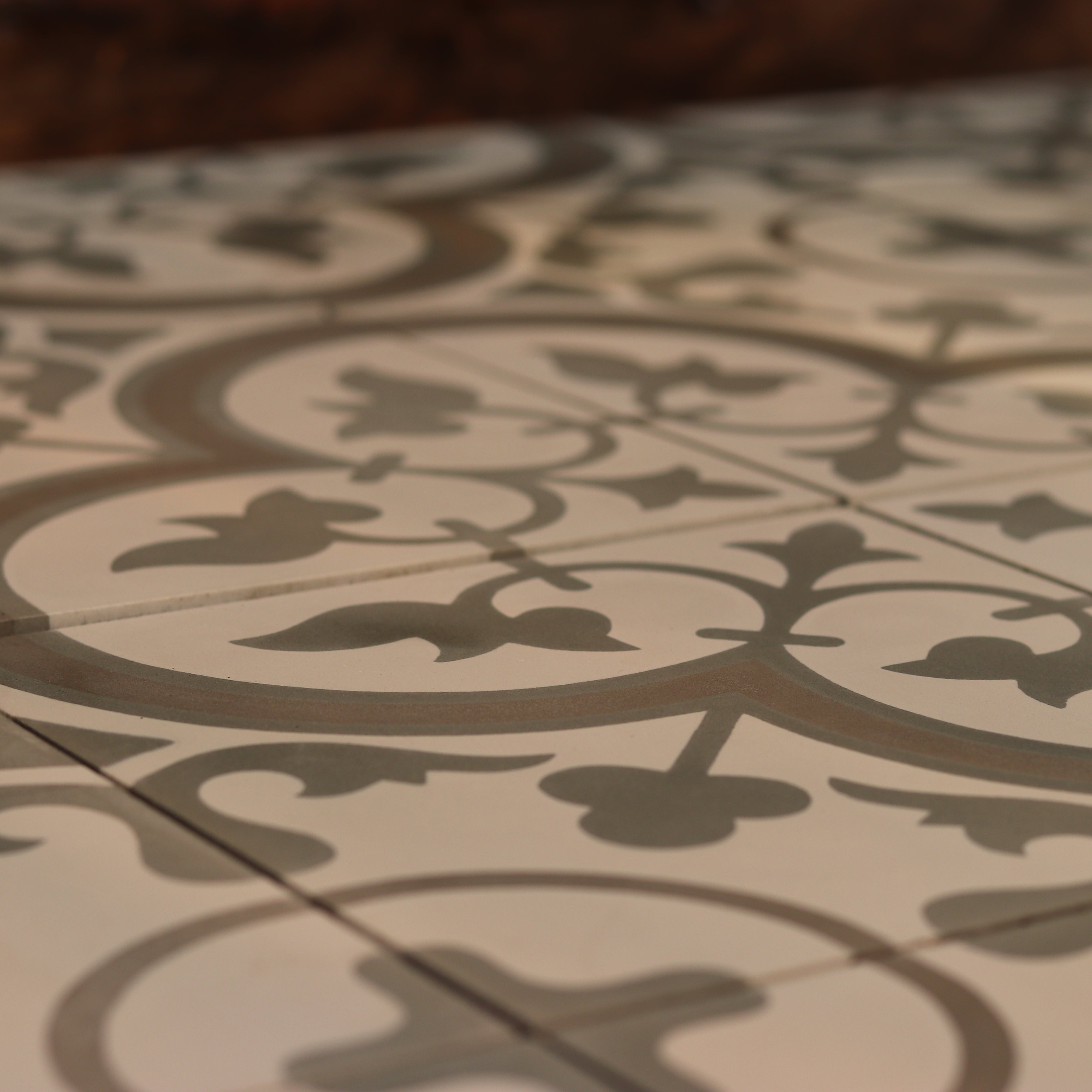 Handmade Encaustic Cement Tile | Light Grey & White Floral, 20×20cm
