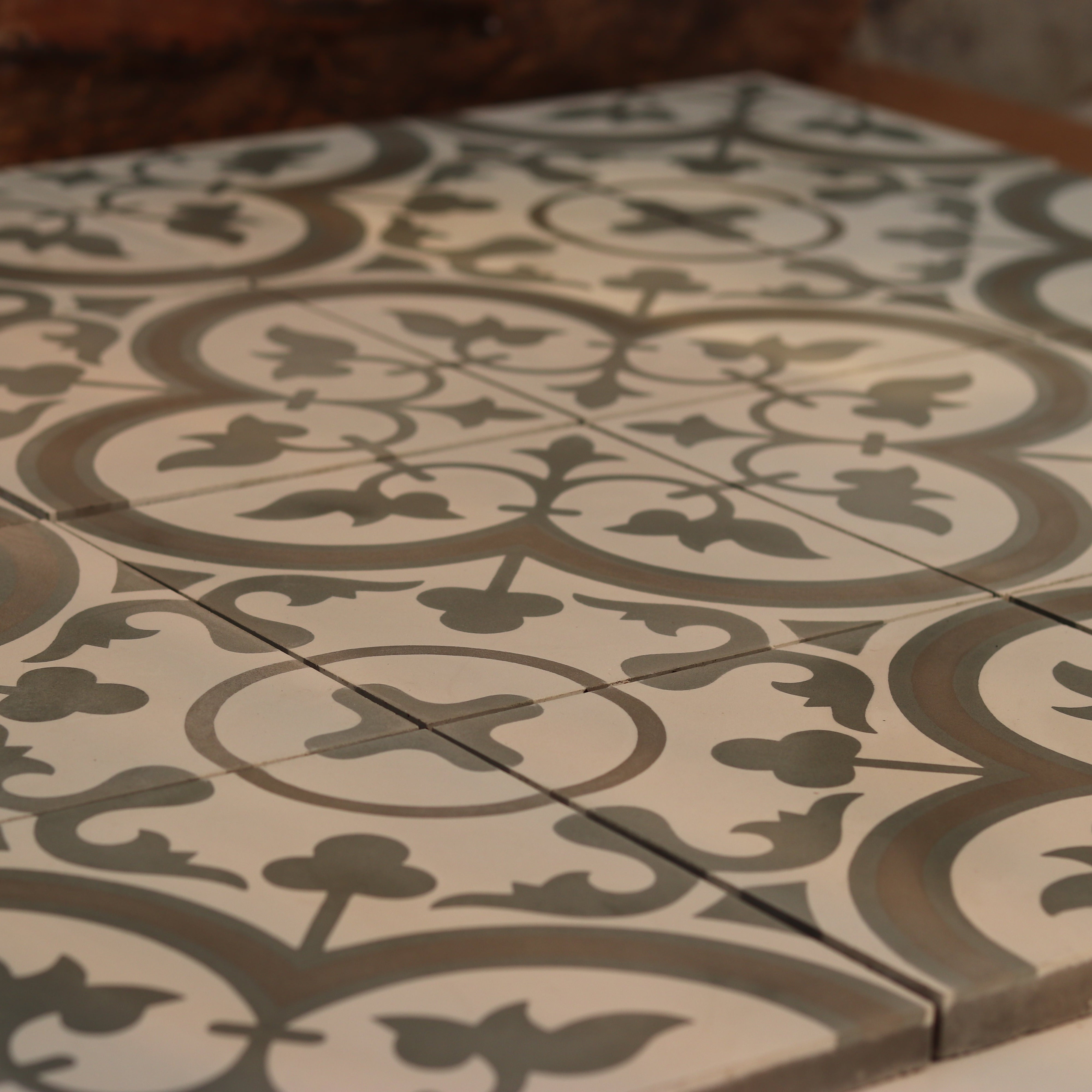 Handmade Encaustic Cement Tile | Light Grey & White Floral, 20×20cm