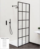 Grid 860-880W x 2100H fixed shower panel with outer satin black aluminium frame and anti-limescale clear glass